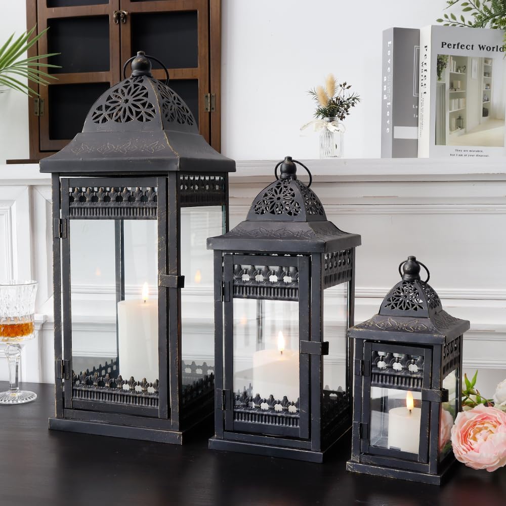 Candle Lanterns Set of 3 Vintage Black Gold Metal 51 37 24cm JHY DESIGN