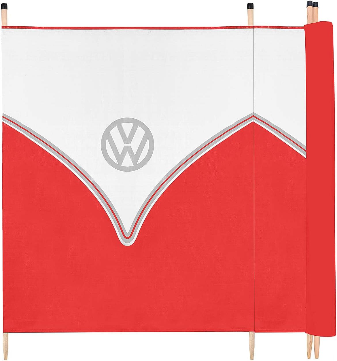 A fabric folding screen or room divider featuring a red and white retro design with a gray Volkswagen logo in the center, supported by four wooden poles.