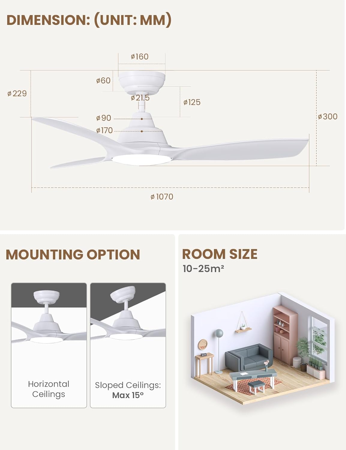 Ceiling Fan With Lights 42 Inch Remote DC Motor White CJOY