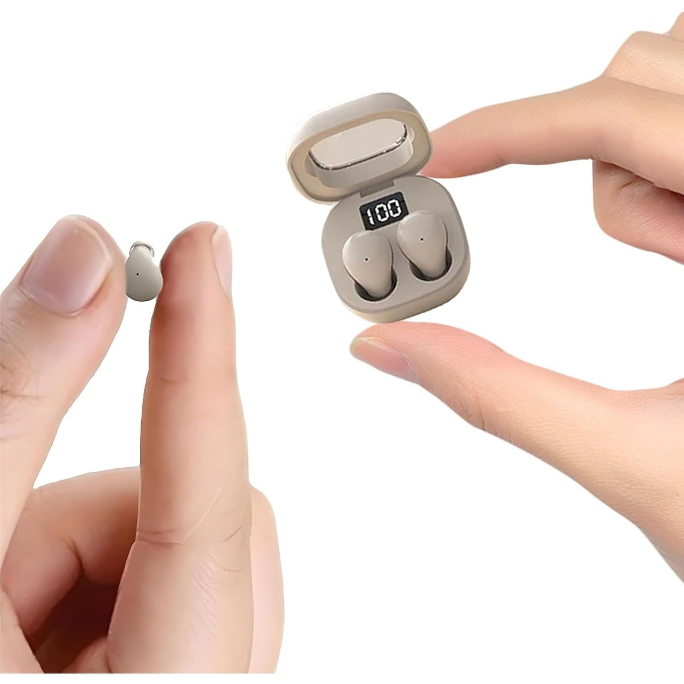 Beige wireless earbuds with charging case held by a hand on a white background