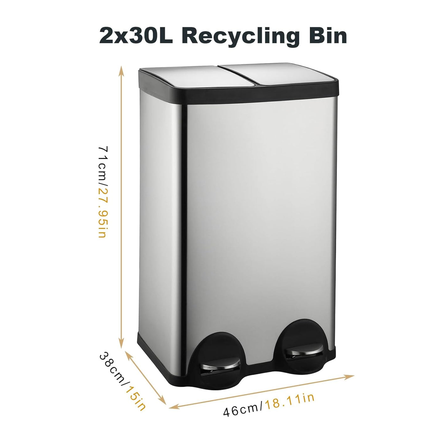 JM·YIPENG 2x30L Double Kitchen Recycling Bins, Stainless Steel w/ Lids & Buckets