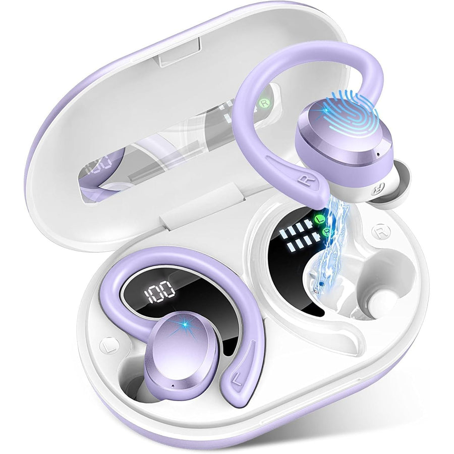 Purple wireless earbuds with charging case on a white background