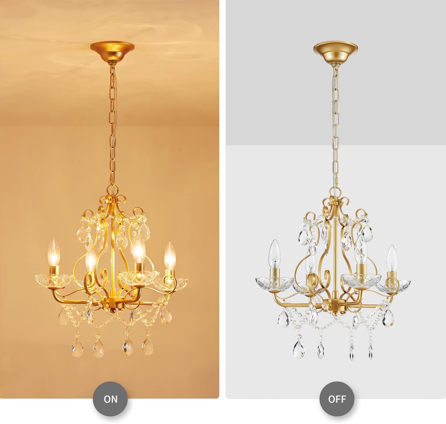 WUZUPS Gold Crystal Candle Chandelier Flush Mount Ceiling Light E14, H36 x W41cm