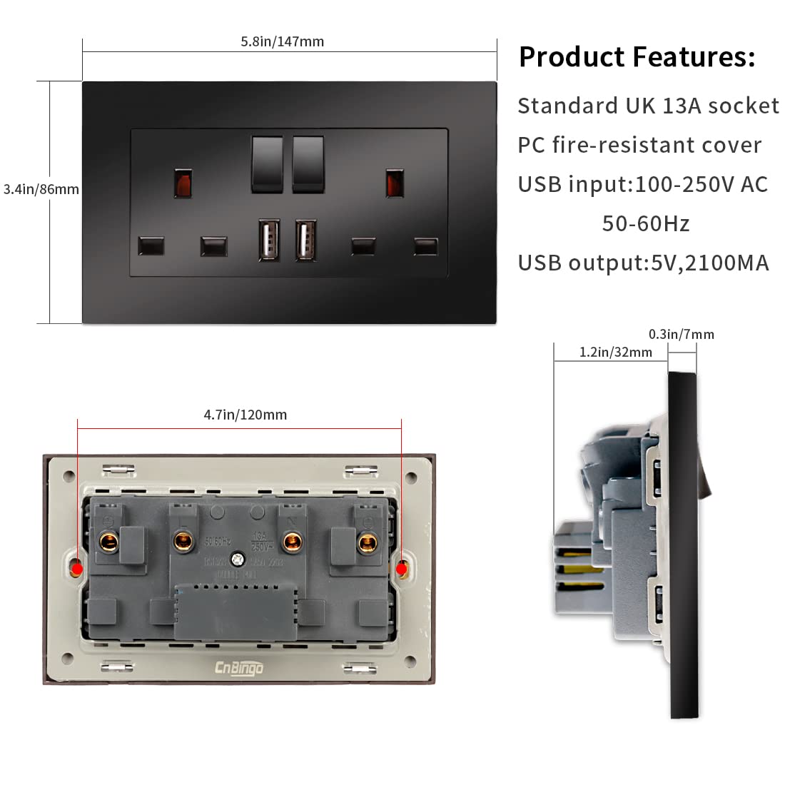 Cnbingo Double Switched Socket 2 Pack CNBINGO with 2 USB Charging Ports Black