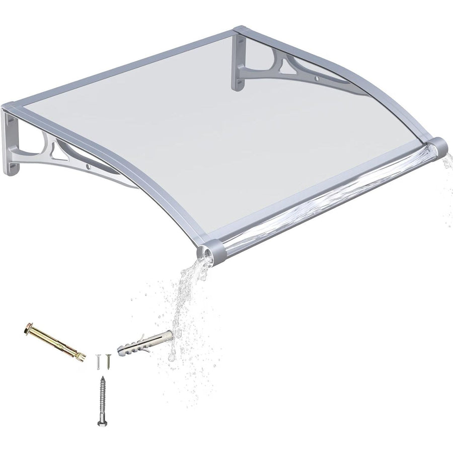 A clear acrylic rain gutter guard with a silver metal frame and mounting brackets, shown with water flowing through the slots and included wall anchors and screws on a white background.