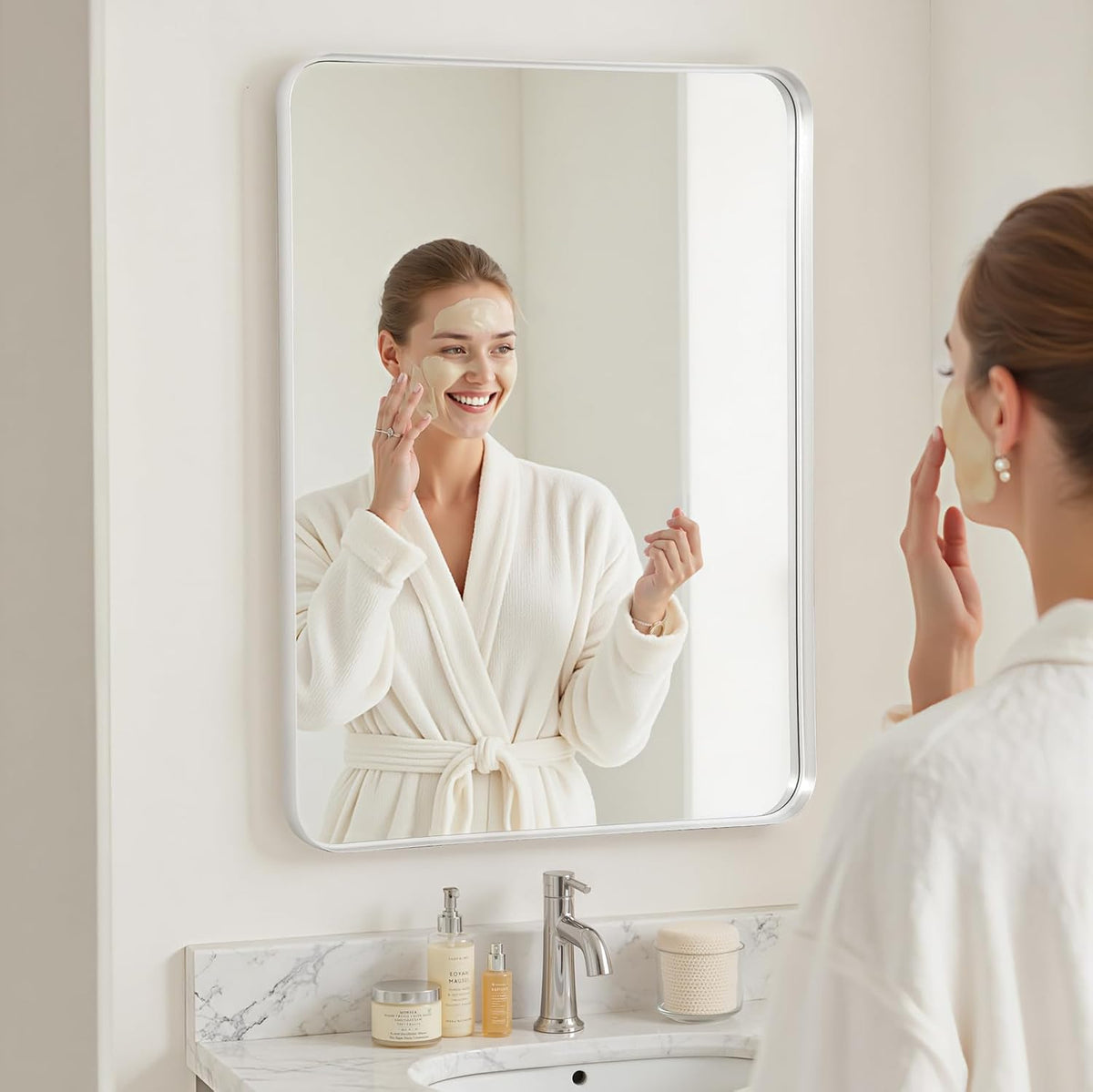 Wall Mirror 60x90cm Silver Frame Rectangle Curved Corners Bathroom Vanity Decor
