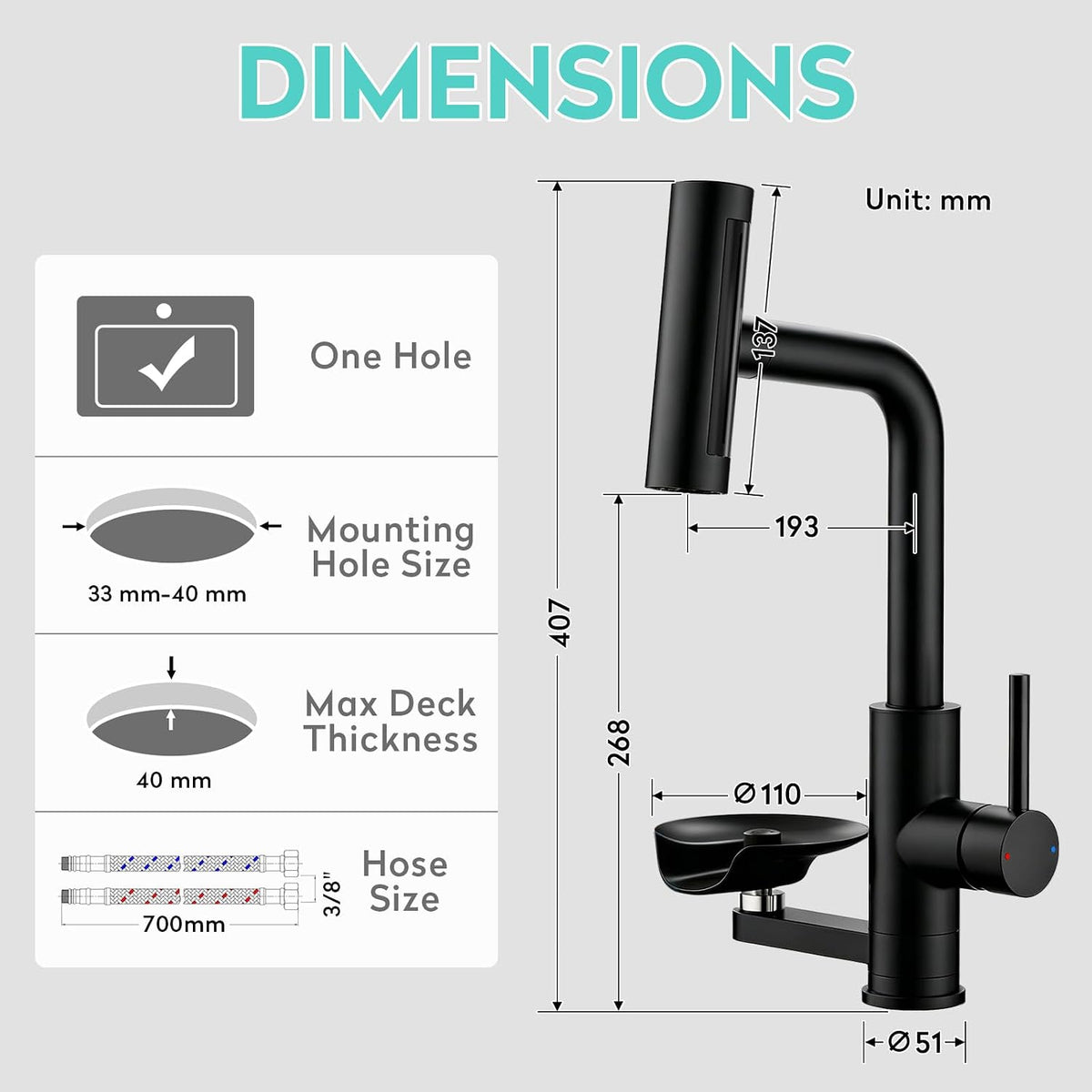 Kitchen Mixer Tap Pull Out Spray 1 Hole Stainless Steel Glass Washer KAIYING