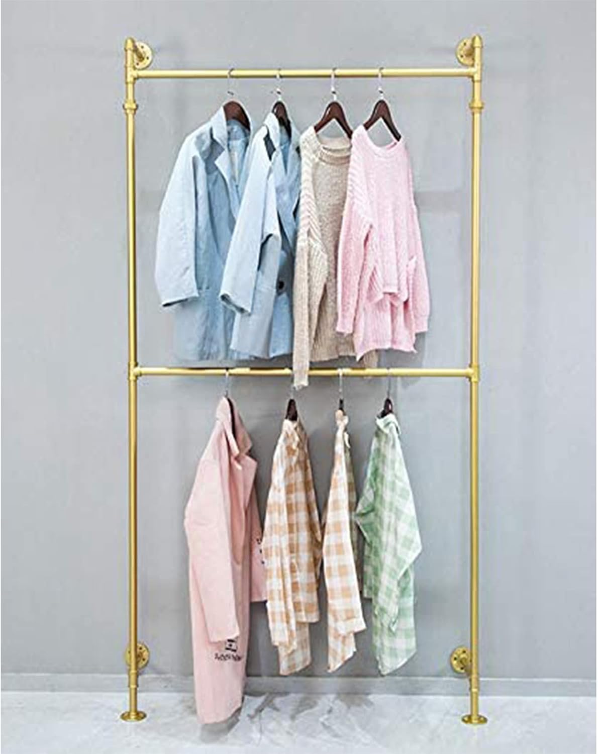 Industrial Garment Rack 2 Tier Wall Mounted Clothes Rail Pipe Shelf Black Storage