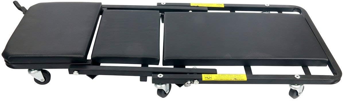Black metal car jack stand with wheels on a white background