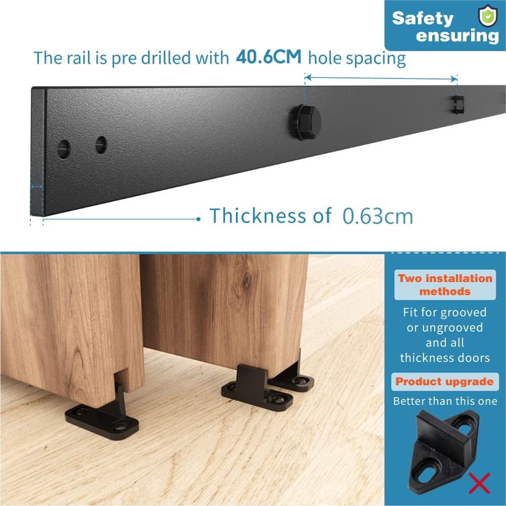 Black metal rail with measurements and installation details on a white background