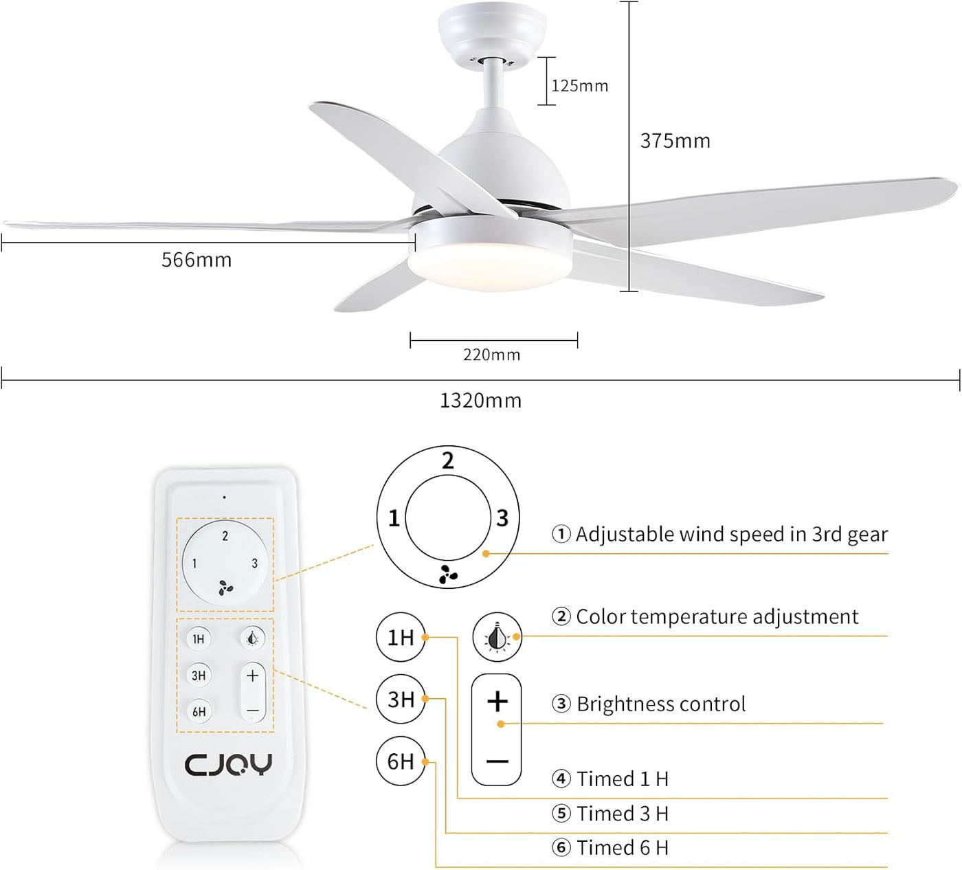 51 Inch Ceiling Fan With Light Remote White 5 Blade LED CJOY