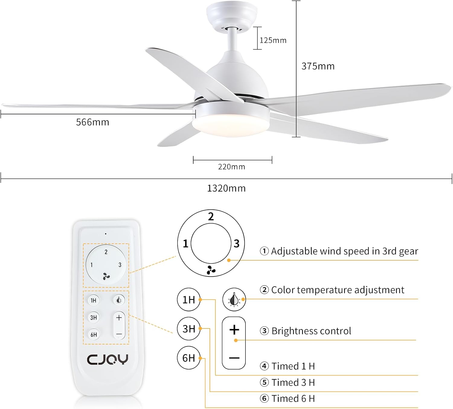 51 Inch Ceiling Fan With Light Remote White 5 Blade LED CJOY