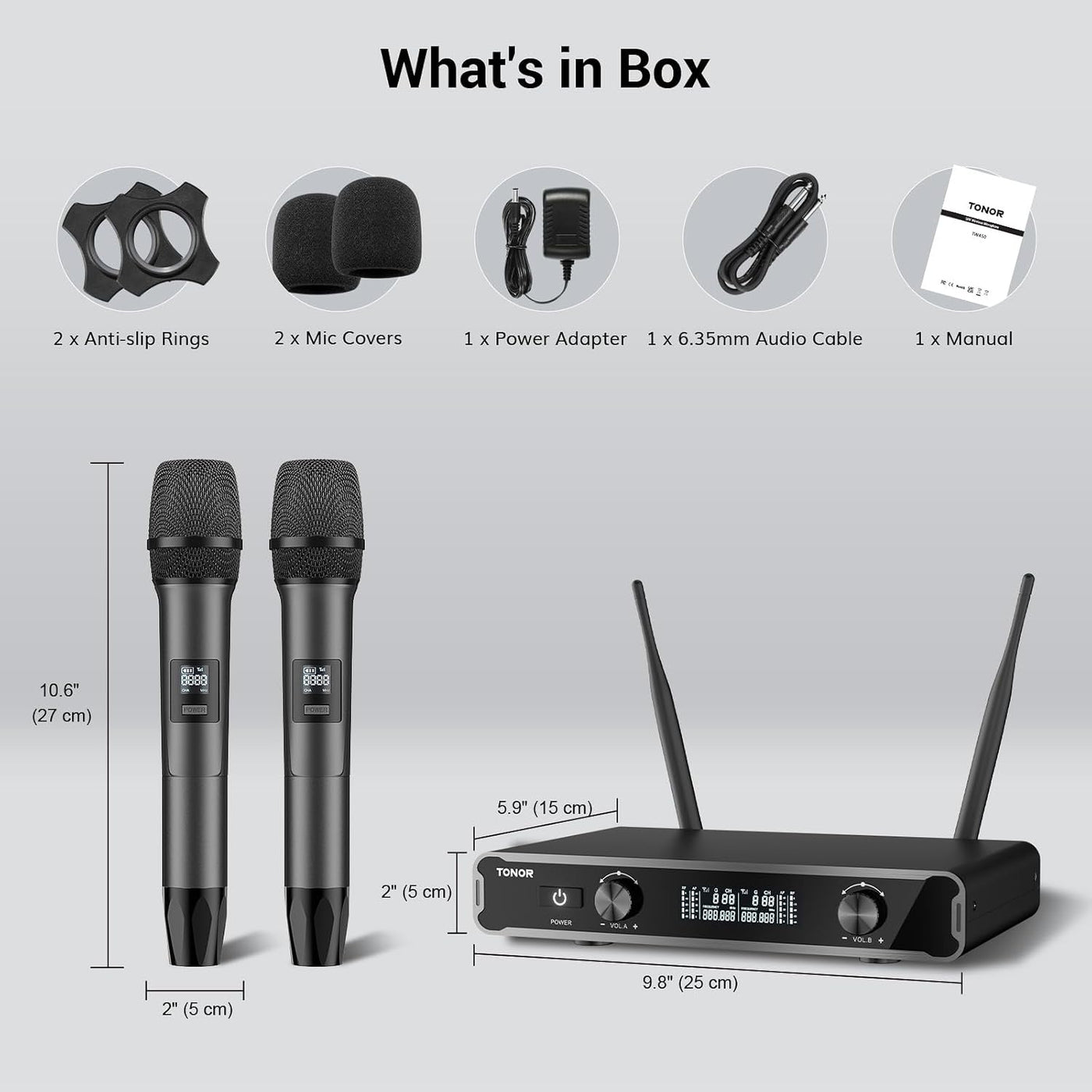 Wireless Microphones Dual UHF Handheld 60m Karaoke System Grey TONOR Mics
