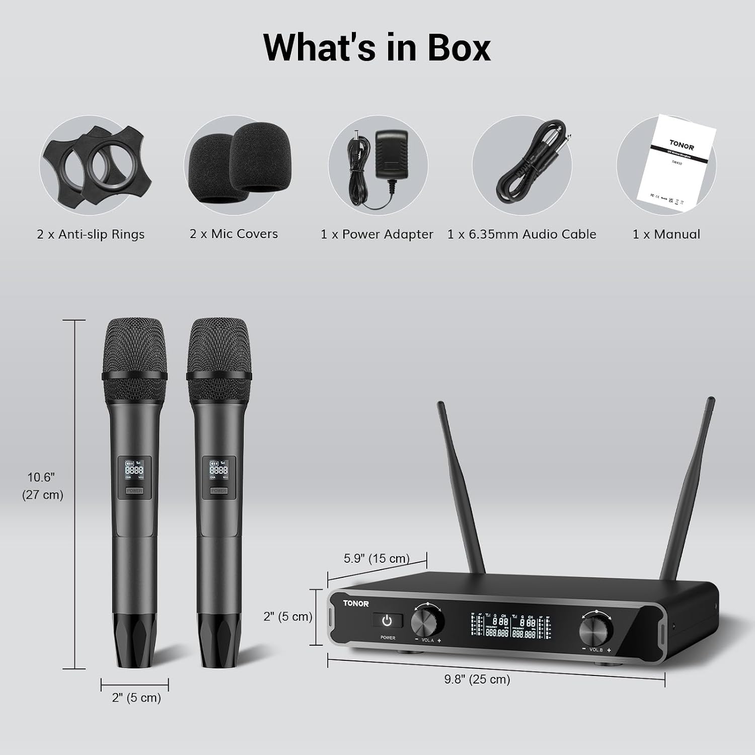 Wireless Microphones Dual UHF Handheld 60m Karaoke System Grey TONOR Mics