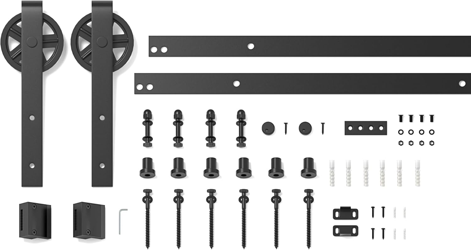 Set of black metal sliding door hardware components on a white background