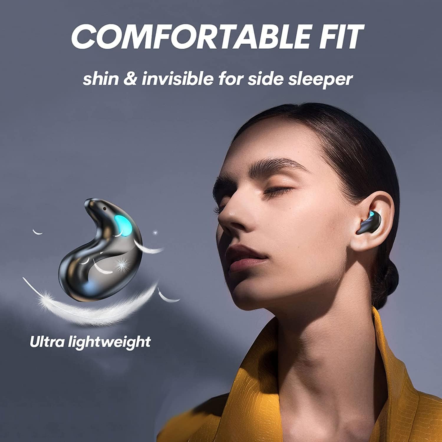 Woman wearing wireless earbuds with text highlighting comfort and lightweight design.