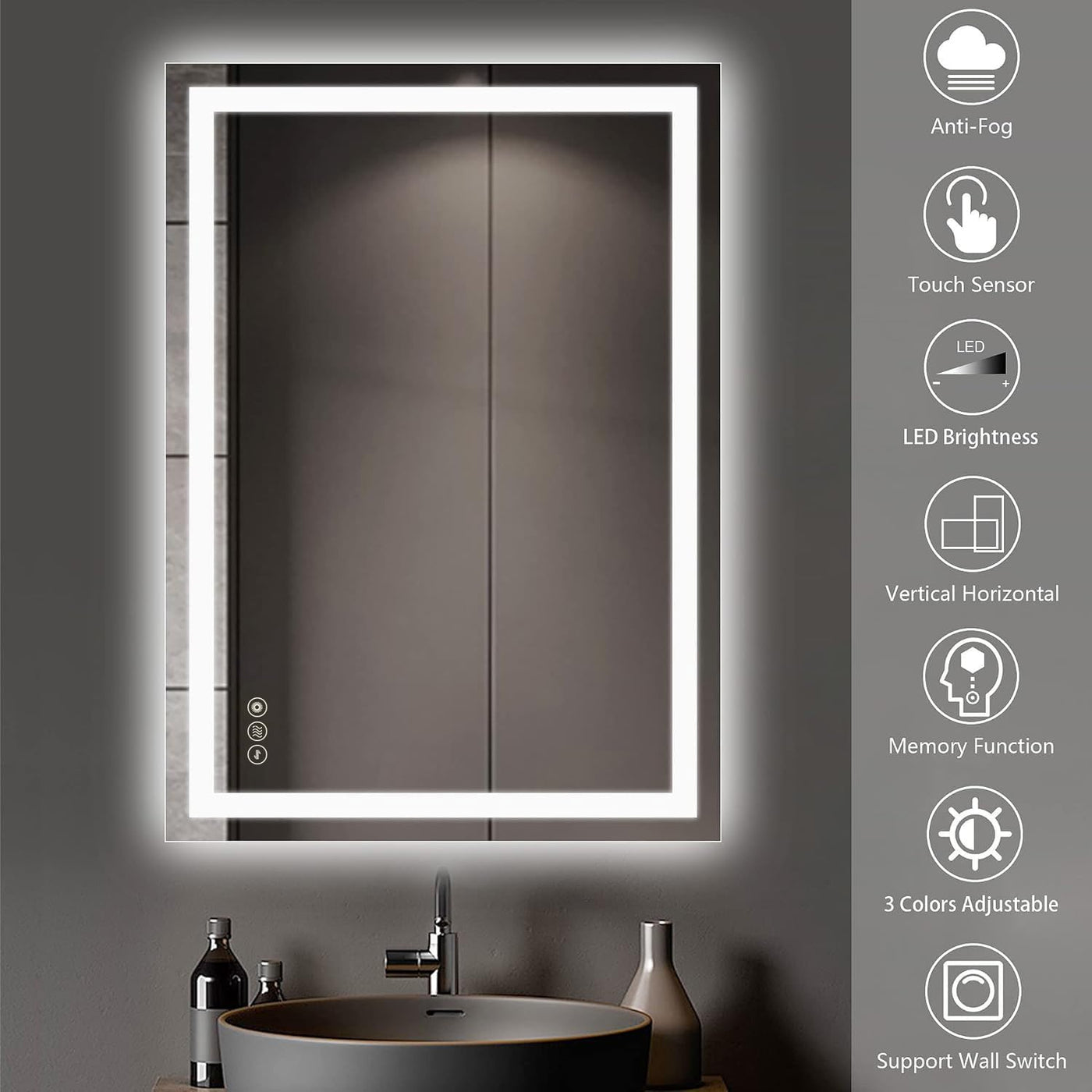 LED Bathroom Mirror 50x70cm Dimmable Anti Fog Colour Change Backlit Vanity Wall