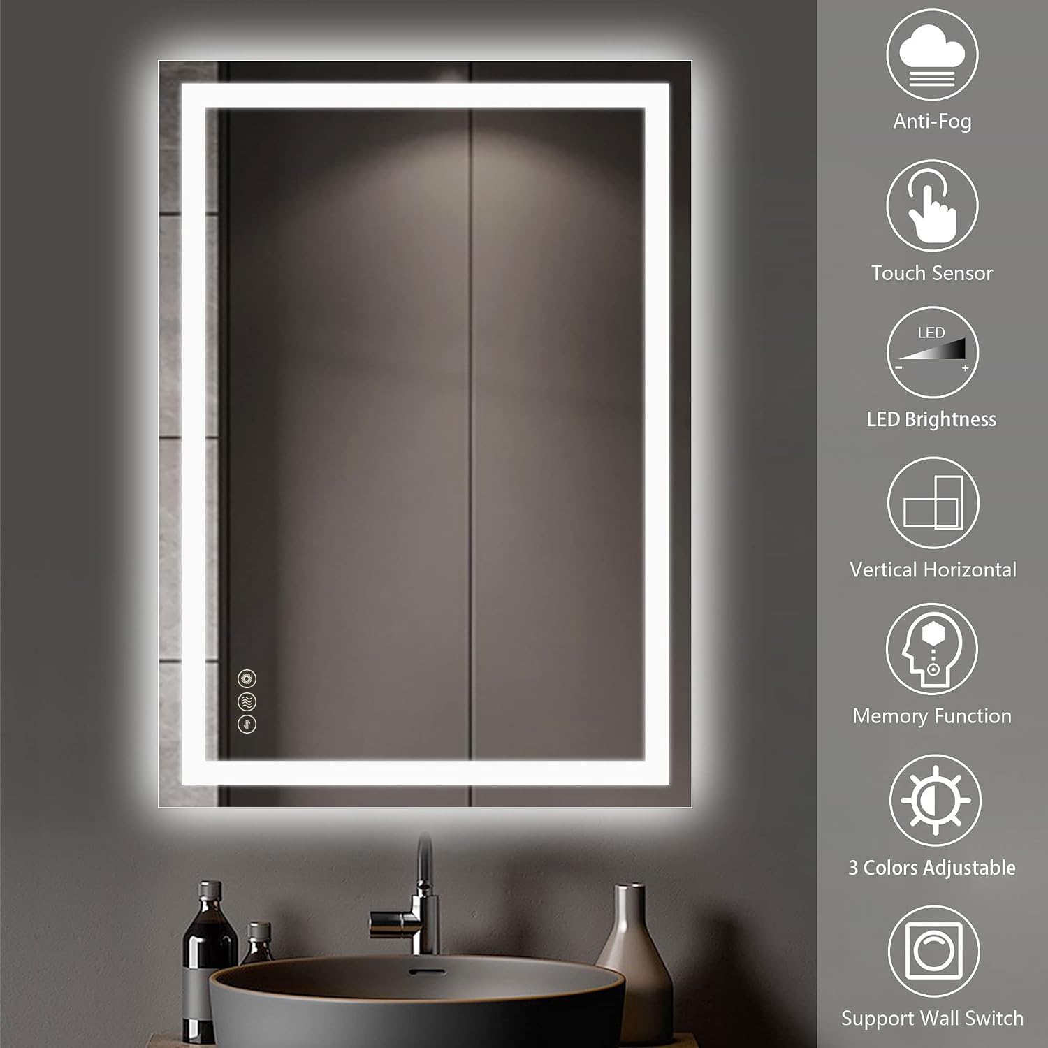 LED Bathroom Mirror 50x70cm Dimmable Anti Fog Colour Change Backlit Vanity Wall