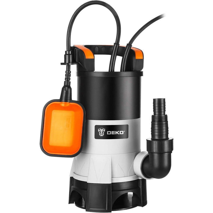 A DEKO submersible water pump with a black and silver body, orange accents, a black power cord, and an orange float switch, shown on a solid white background.