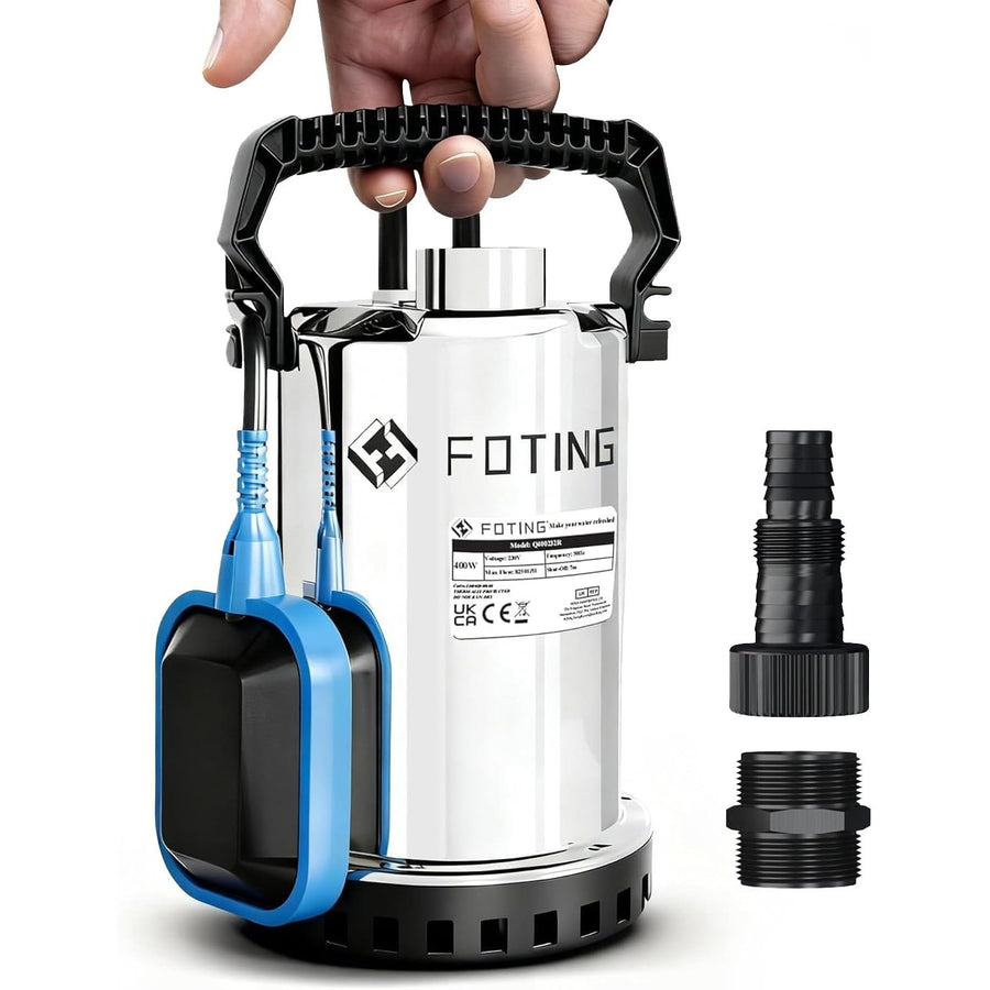 A FOTING submersible water pump with a hand holding the black carrying handle, shown with two black connector fittings on a white background.