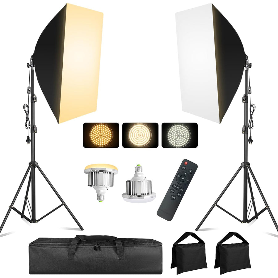 Foldable 50x70cm softbox lighting kit with dimmable LED bulbs, adjustable stands, and carry bag. Offers 3 color modes and is perfect for photography and videos.