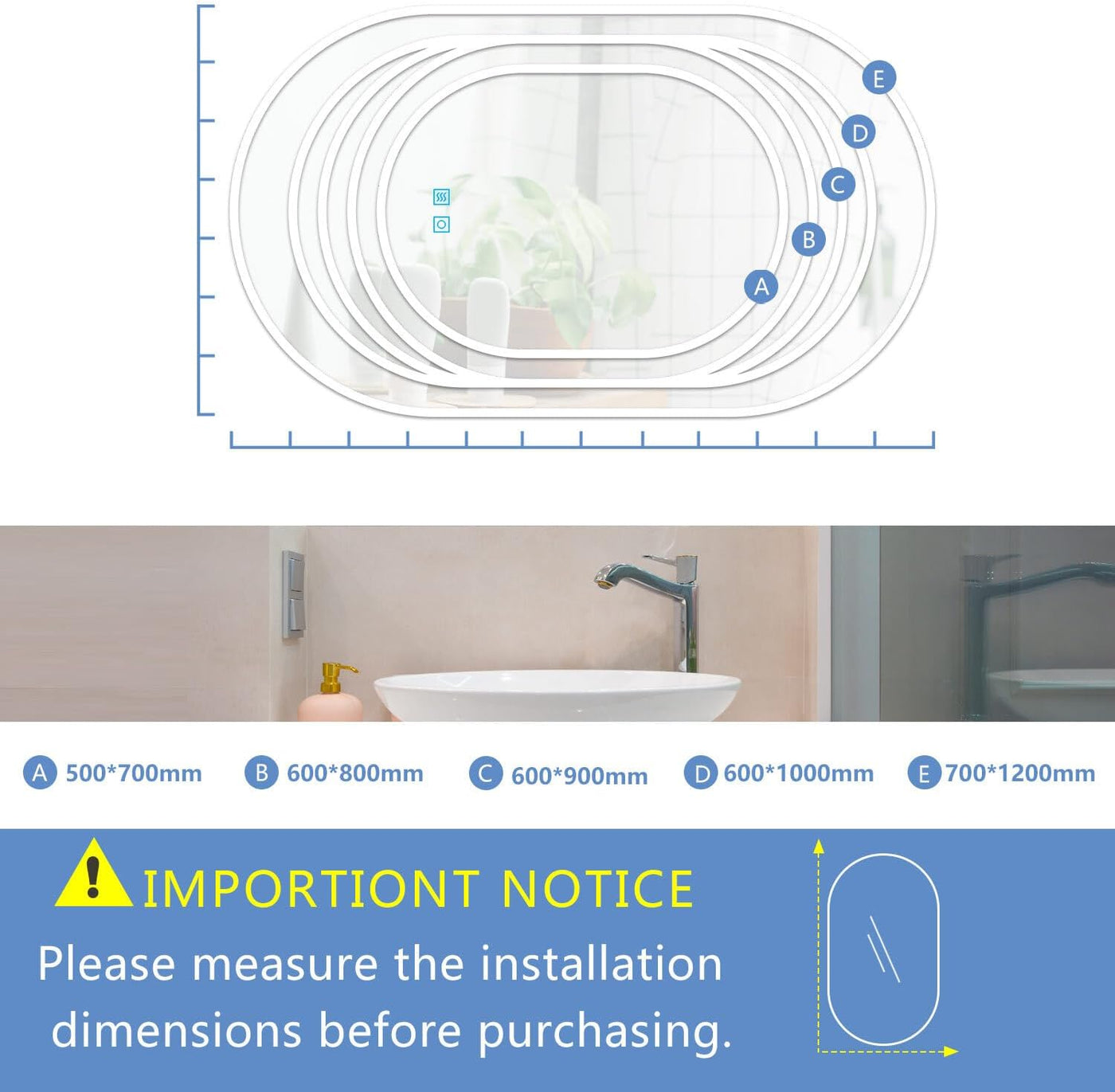 Oval Bathroom Mirror LED Lights Dimmable 700 x 1200mm Finmrys