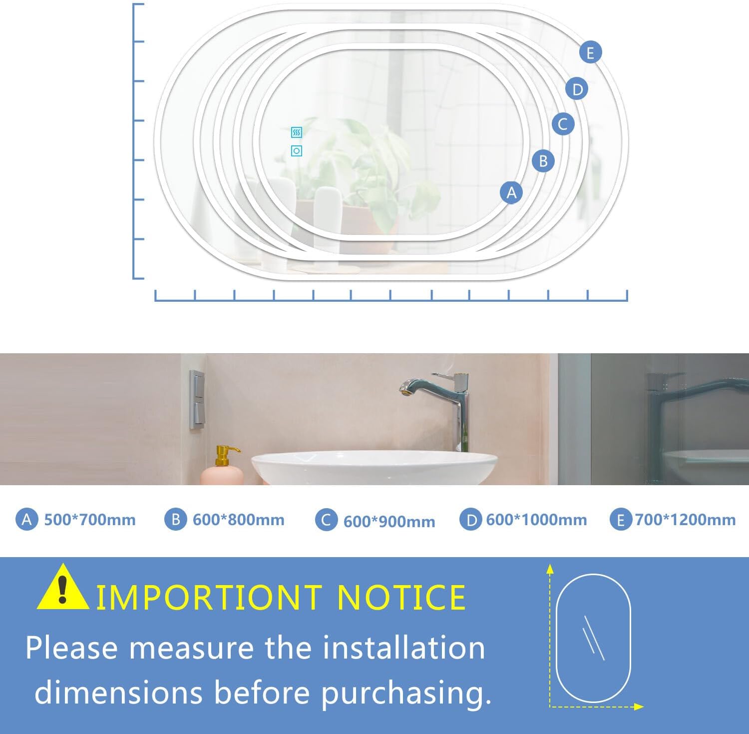 Oval Bathroom Mirror LED Lights Dimmable 700 x 1200mm Finmrys