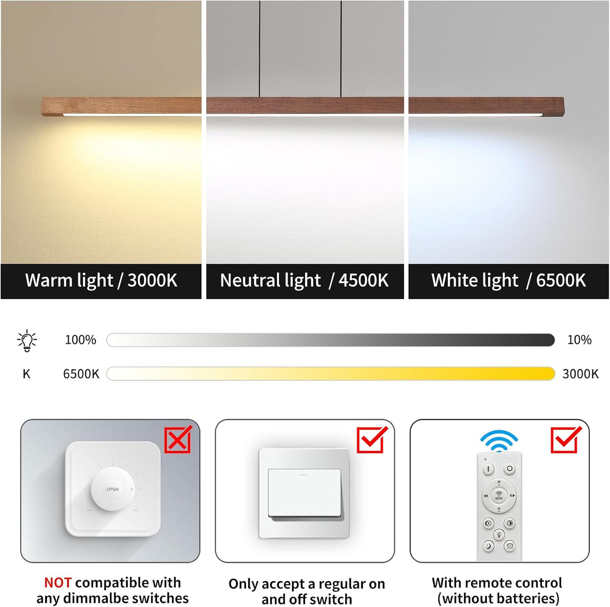 Linear Pendant Light 150cm Walnut Wood Dimmable Kitchen Island LED Mikeru