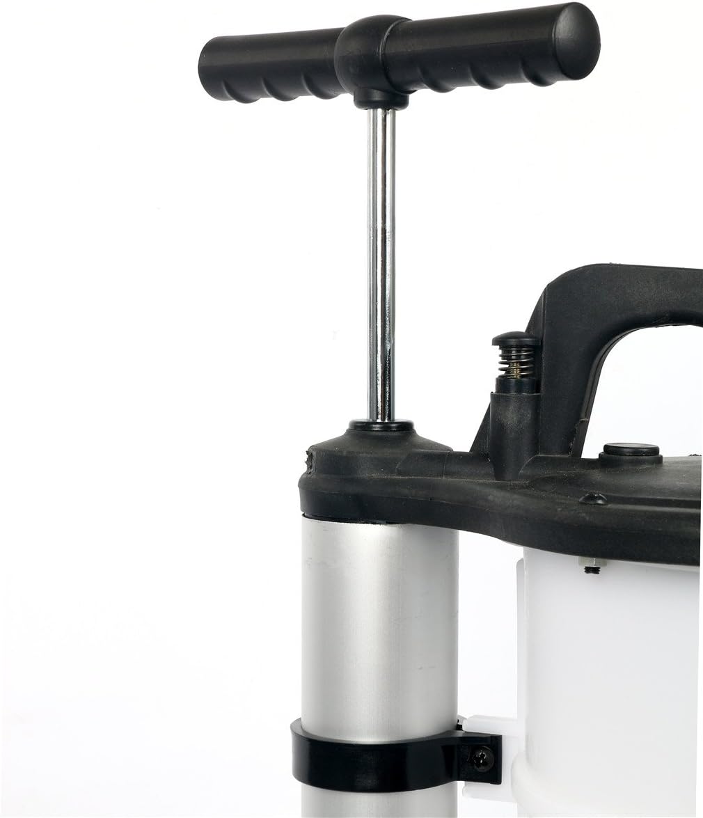 Close-up of a pump with black handle and silver body on a white background