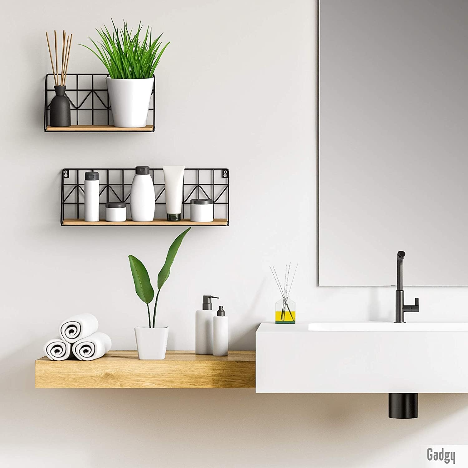 Gadgy Floating Wall Shelves Set, 2-Piece Wooden & Black Metal, Rustic Decor