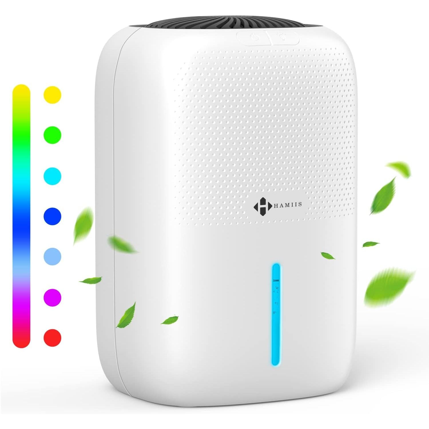 A white portable air purifier with a textured front panel, a vertical blue indicator light, and a black top grille. The image includes decorative green leaves floating around it, a vertical color spectrum graphic on the left, and the brand name 'HAMIS' printed on the front.