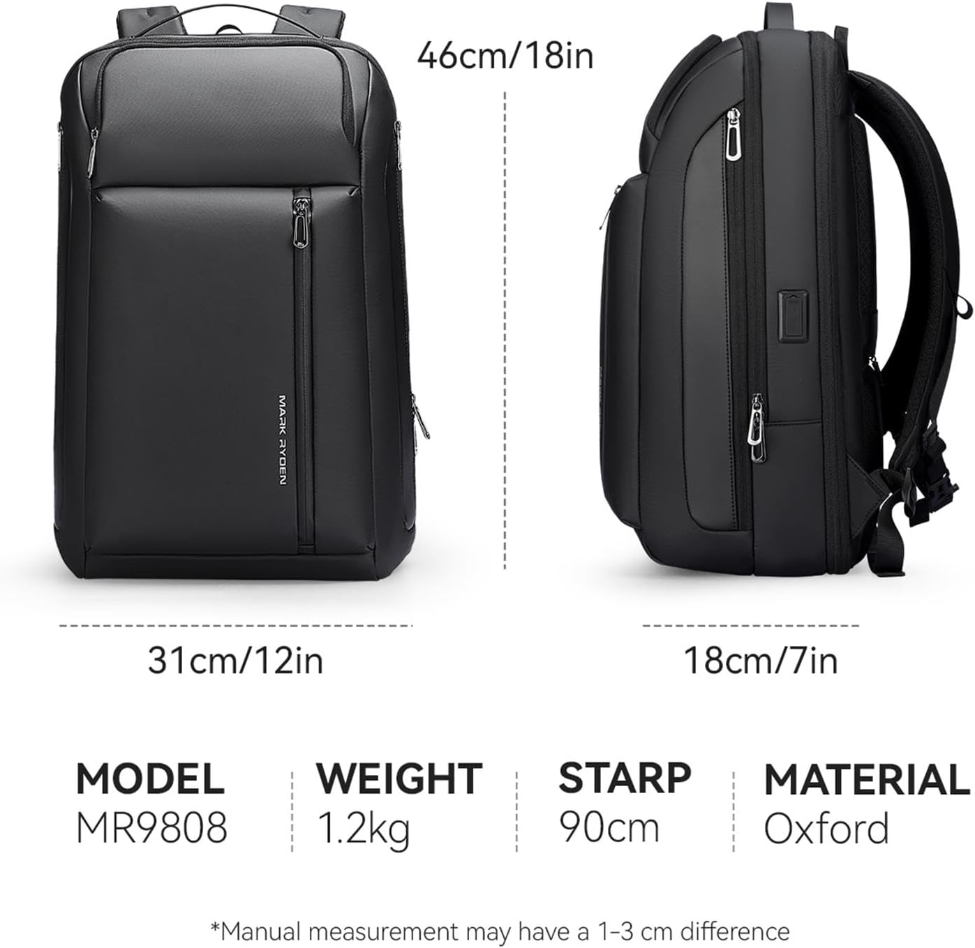 Muzee MARK RYDEN 15.6'' Business Laptop Backpack, Expandable 25L-35L, USB, Black