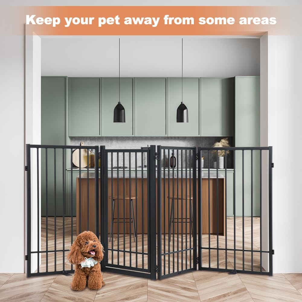 Freestanding Dog Gate 204cm Wide 80cm Tall 4 Panel Foldable Pet Fence SMONTER