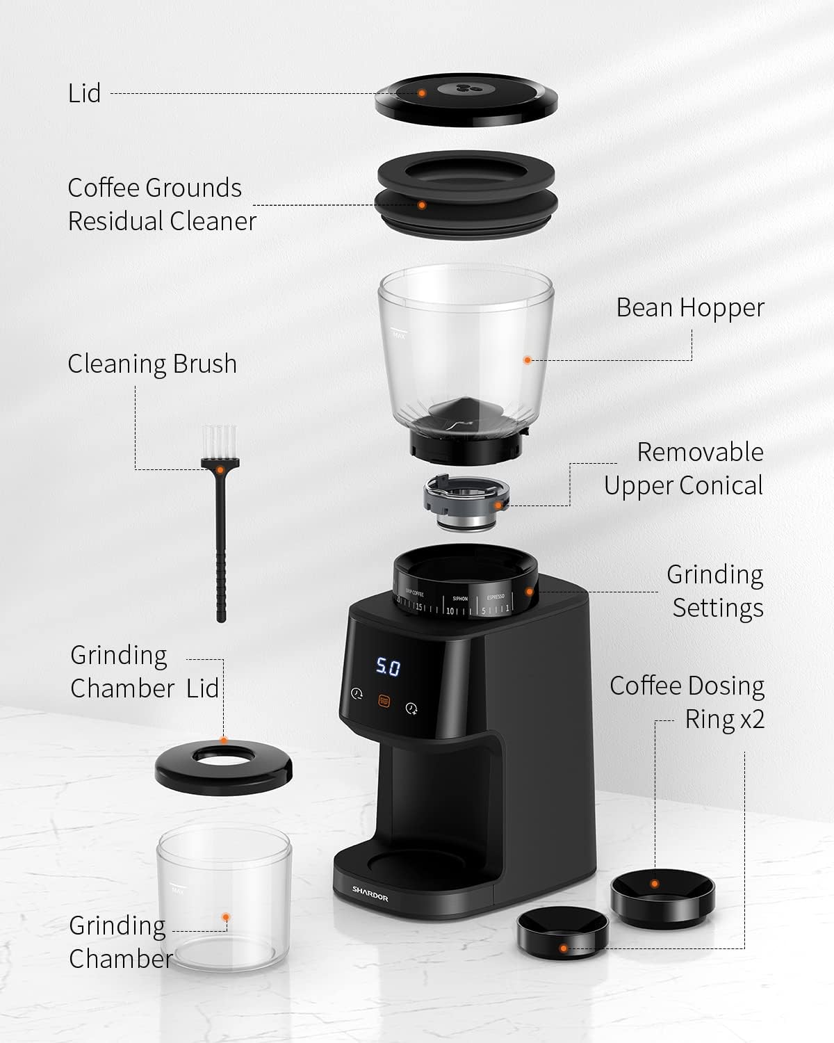Black coffee grinder with labeled parts on a white background