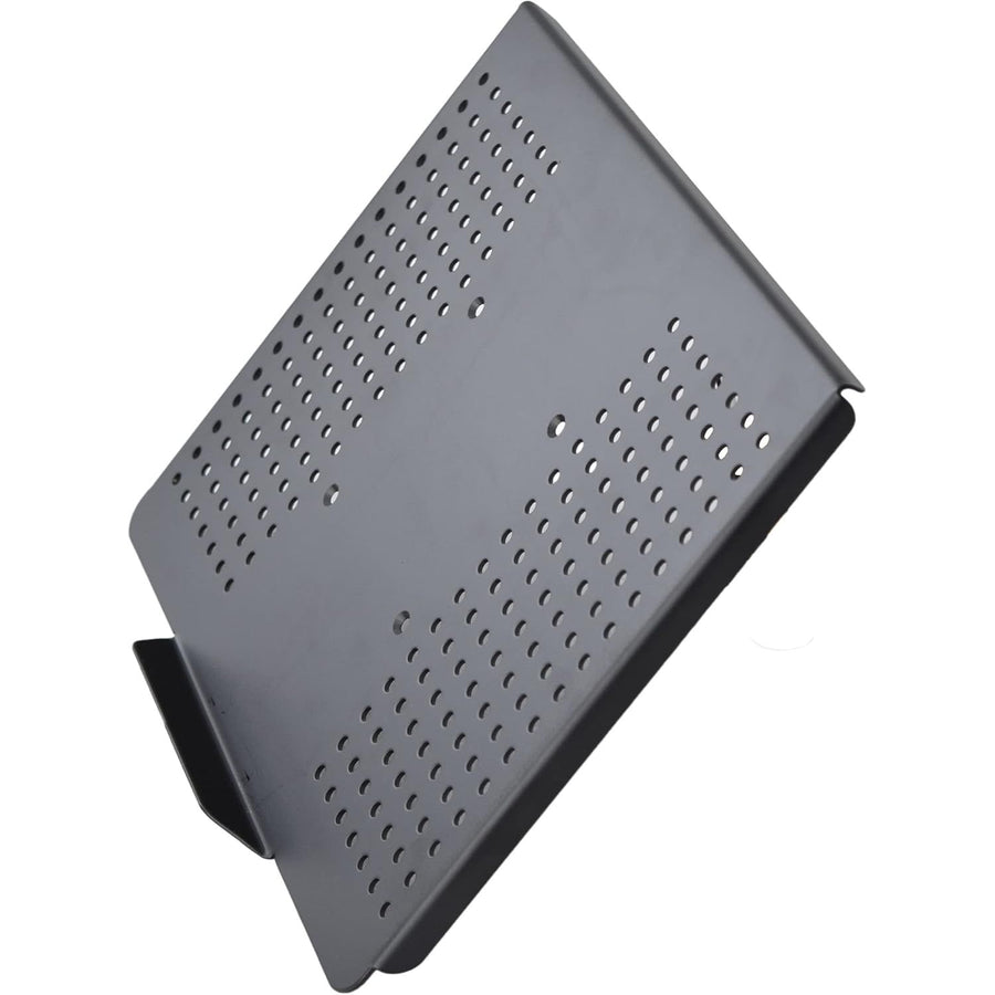 A dark gray perforated metal stand or bracket with a slotted top surface and a small side support, shown on a plain white background.