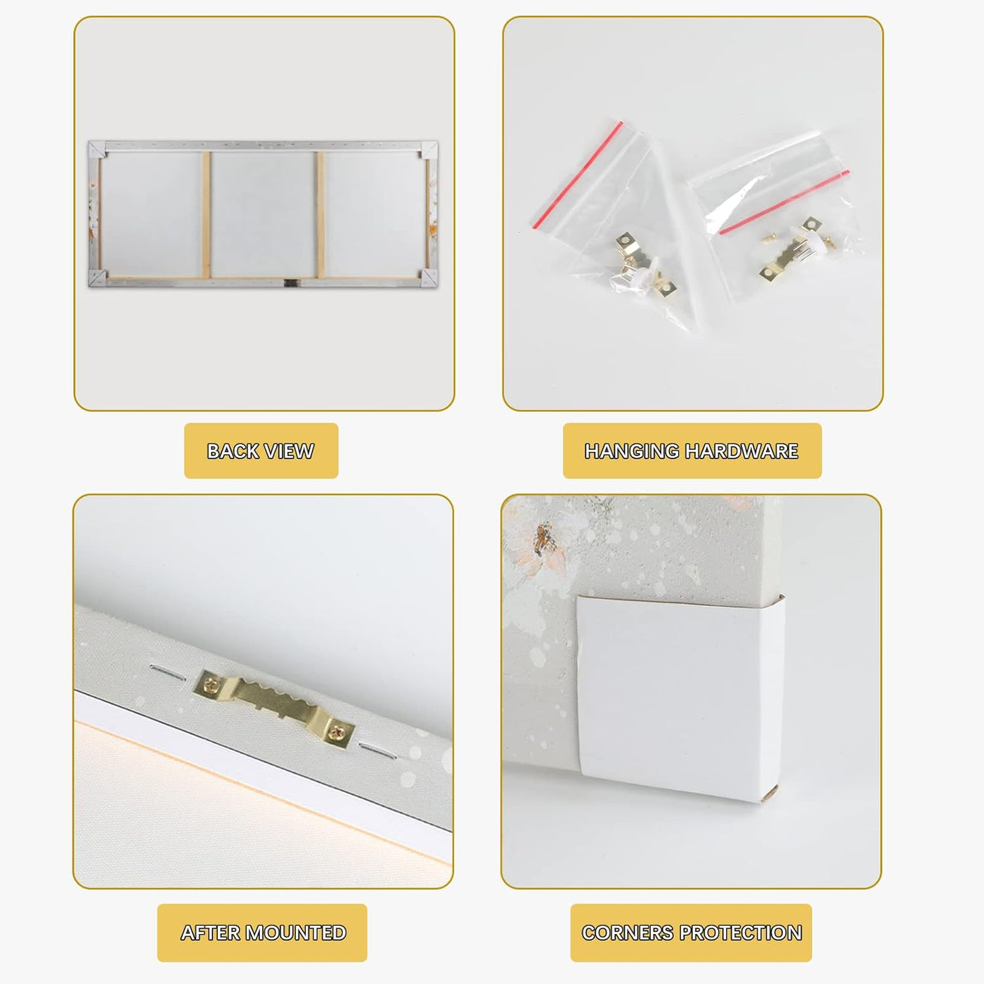 Product packaging with back view, hanging hardware, and mounted product images on a white background.