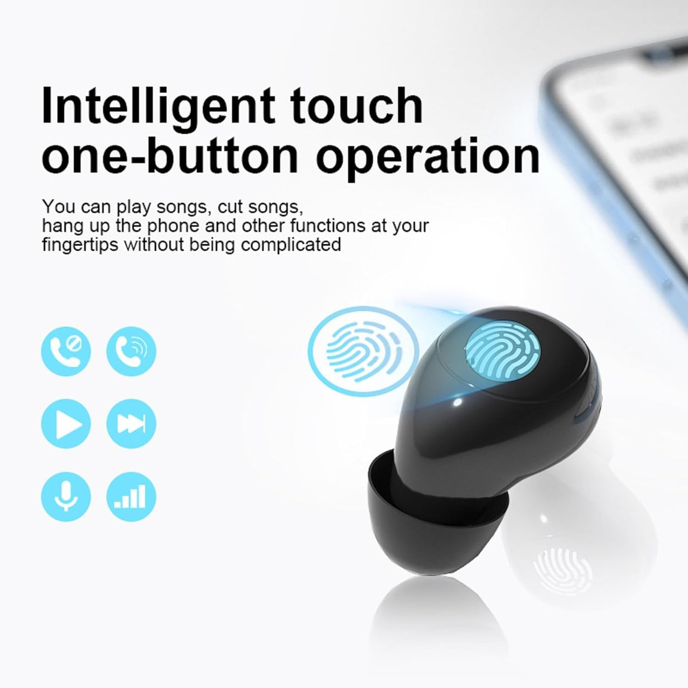 Black wireless earbud with touch controls on a white background