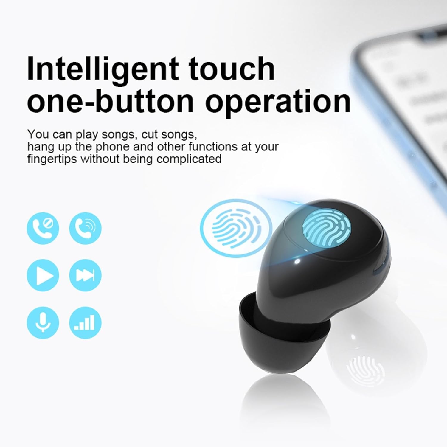 Black wireless earbud with touch controls on a white background