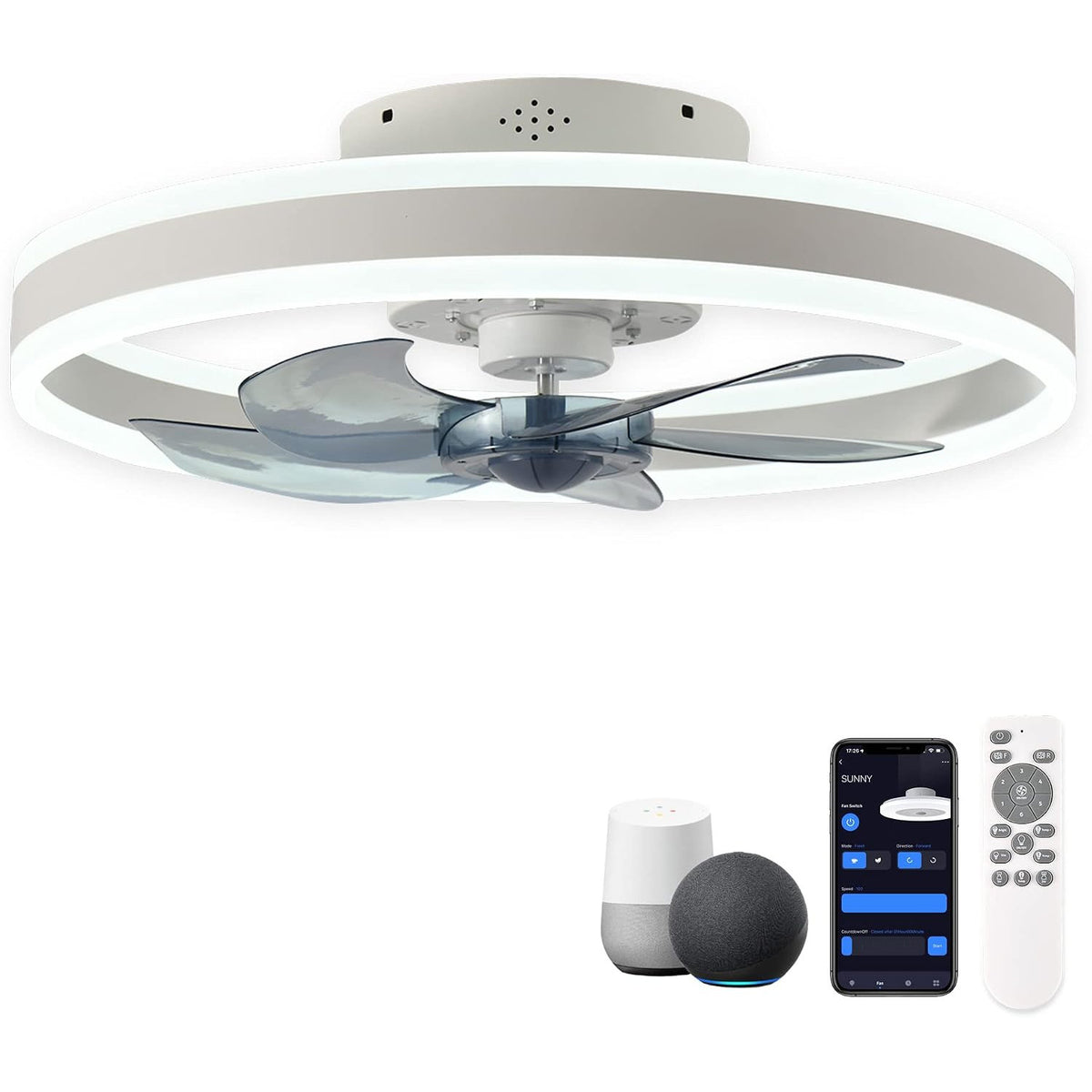 Smart Ceiling Fan with Light 20 Inch Alexa Google App Remote White CHANFOK LED