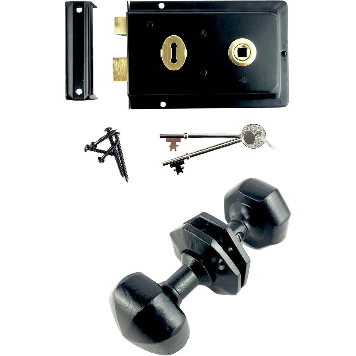 Rim Lock Set Cast Iron Octagonal Door Knobs 50mm Black Traditional Cottage Style