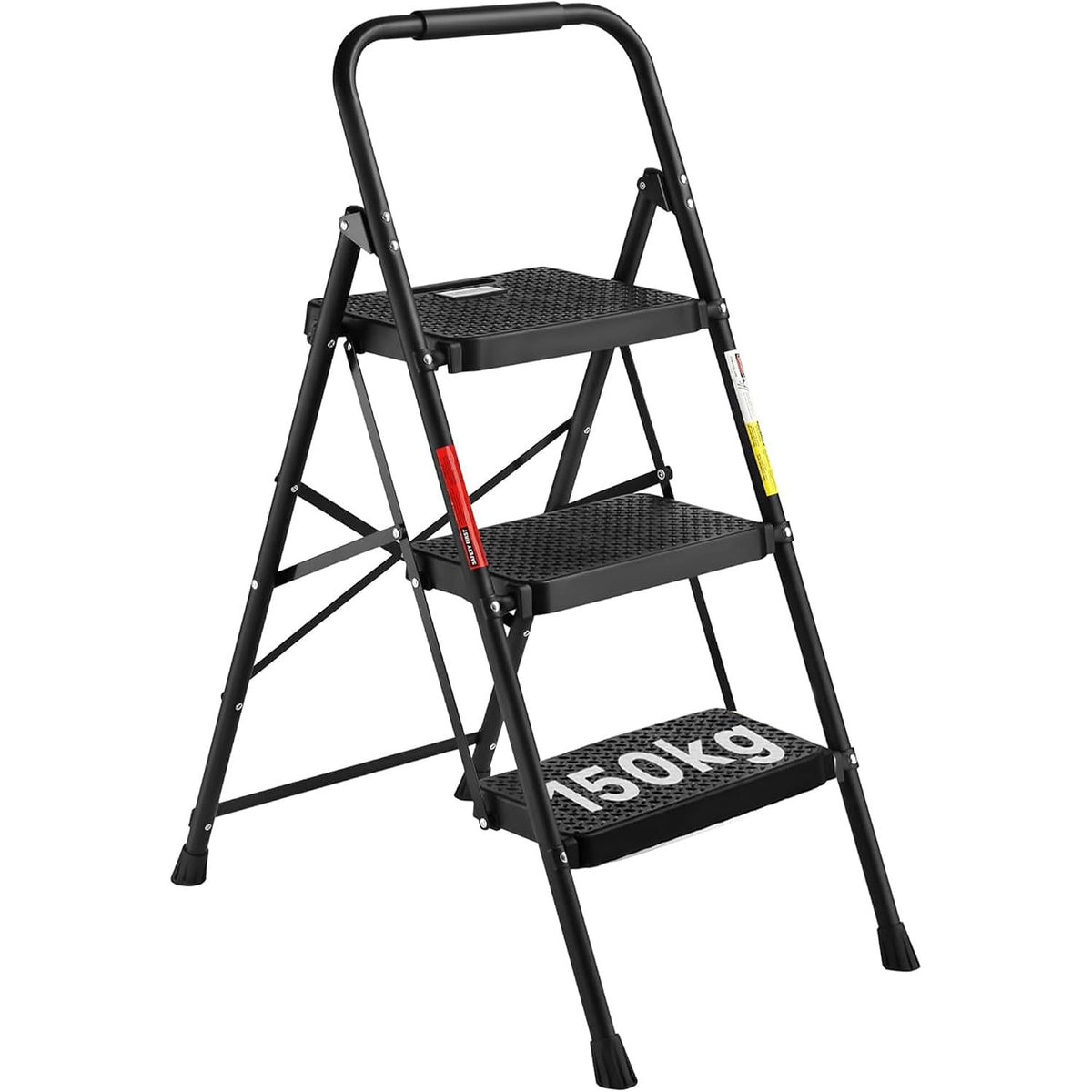 3 Step Ladder Folding Steel Step Stool Wide Anti Slip Pedals 150kg BONTEC Home