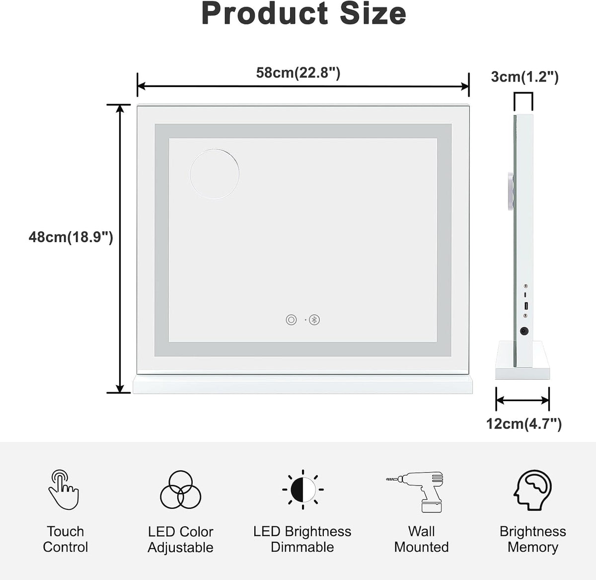 Hollywood Vanity Mirror 58x48cm Bluetooth LED Strip Light White Dripex Makeup
