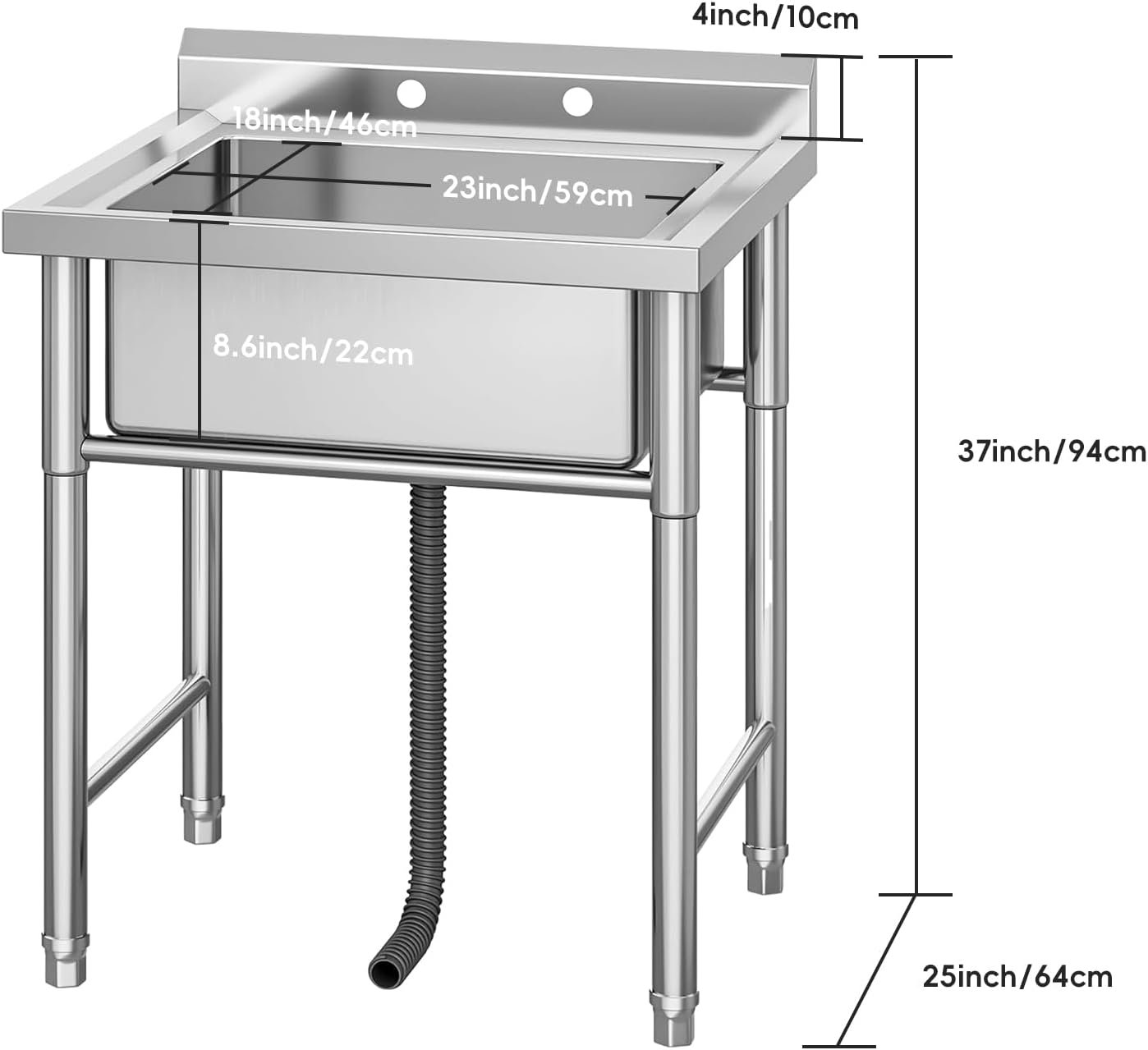 Stainless steel sink with dimensions labeled on a white background