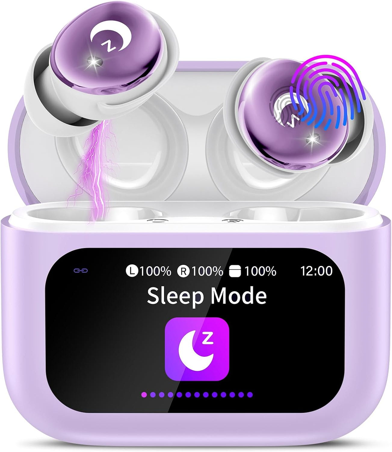 Purple and white electronic device with a screen displaying 'Sleep Mode' on a white background