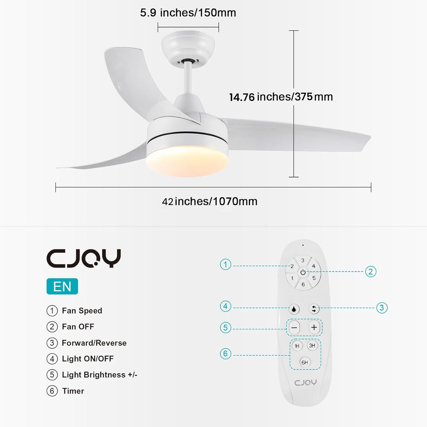 Ceiling fan with dimensions and remote control on a white background