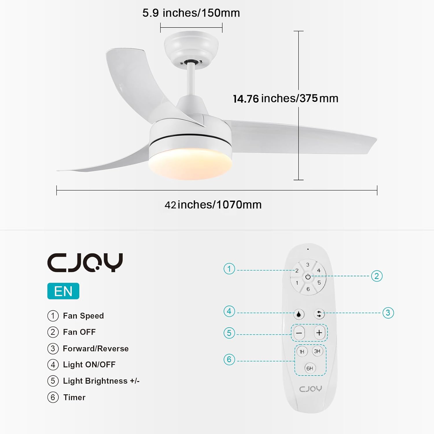 Ceiling fan with dimensions and remote control on a white background