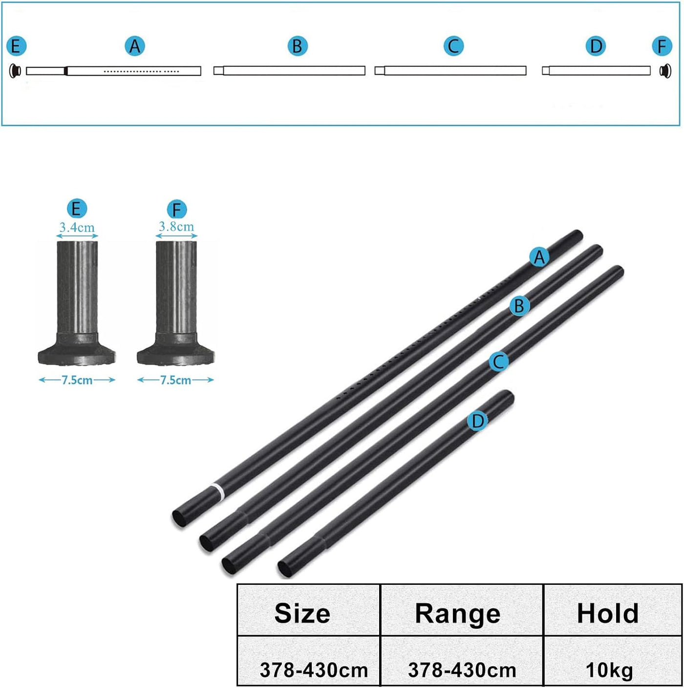 Tension Curtain Rod 378-430cm No Drill Extendable 32mm Heavy Duty Curtain Pole