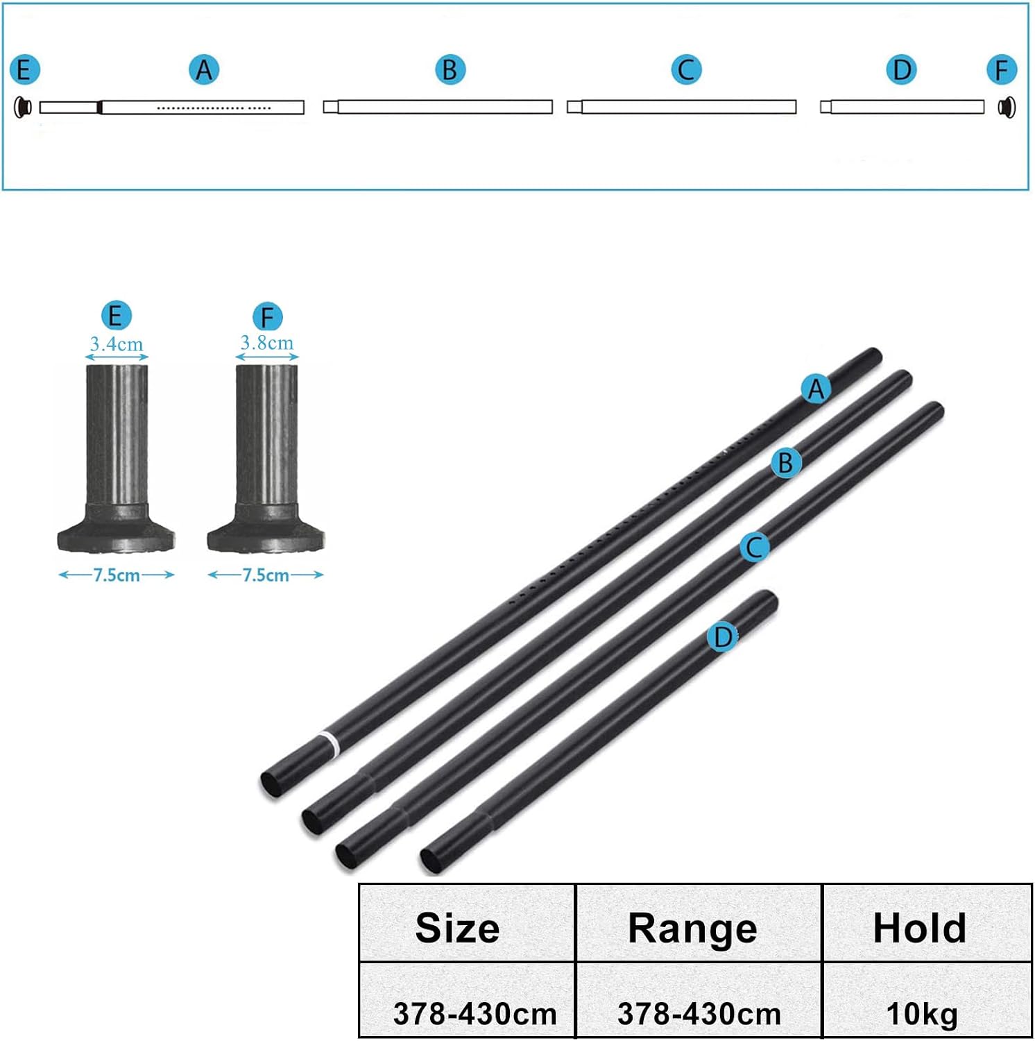 Tension Curtain Rod 378-430cm No Drill Extendable 32mm Heavy Duty Curtain Pole