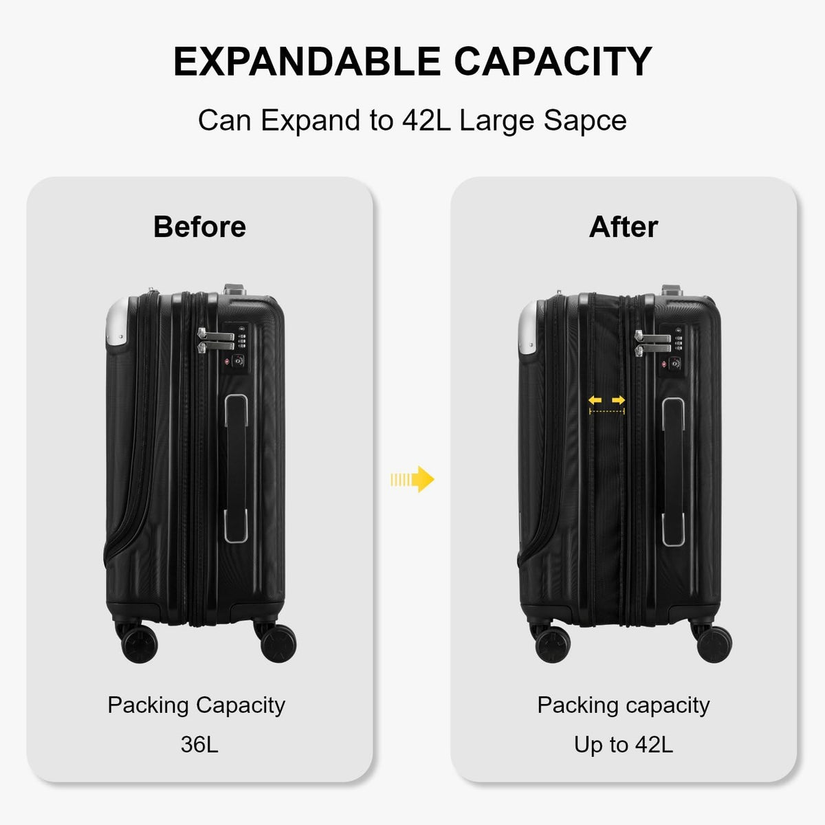 Carry On Suitcase 55cm Expandable Laptop Compartment TSA Black LEVEL8 Cabin Luggage