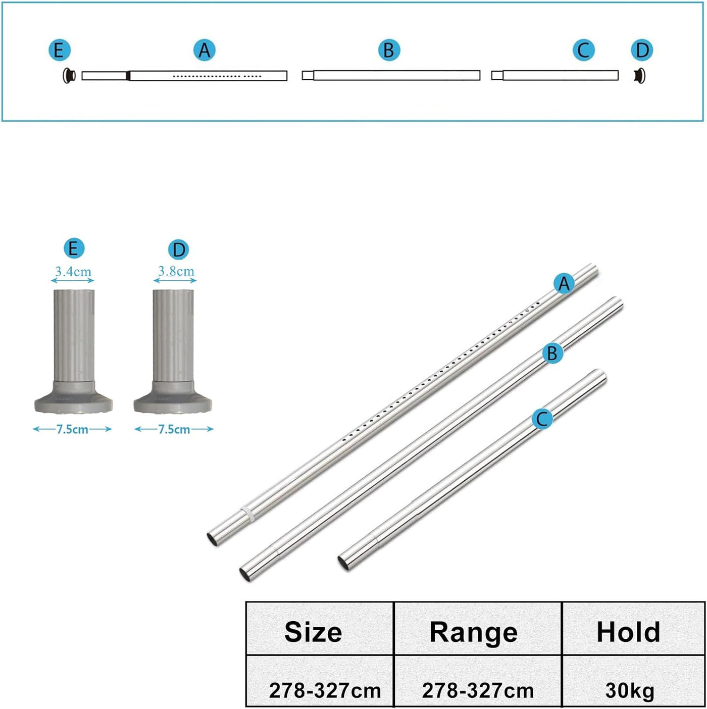 Tension Curtain Rod 278-327cm No Drill Extendable 32mm Heavy Duty Curtain Pole